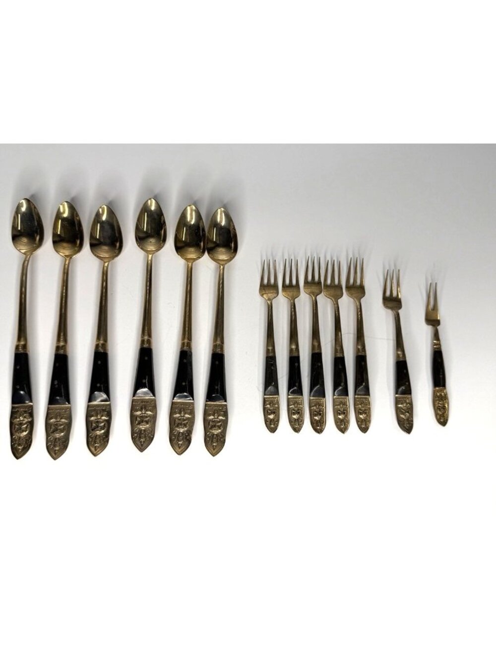 Vintage S Thailand Samran Brass Flatware 13 Pc Buddha Black Handle Spoons Forks